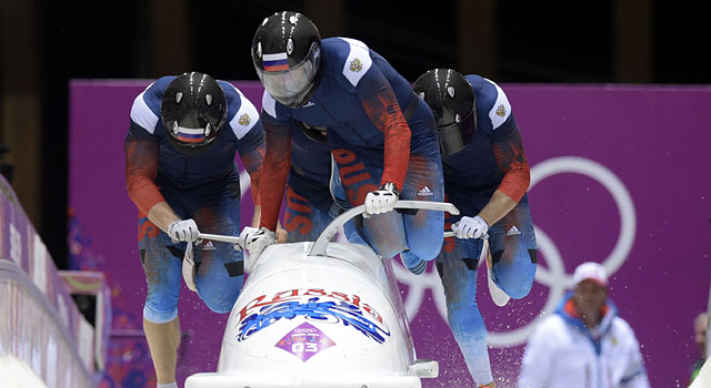 Russia's four-man bobsled is in first place after two runs. (USATSI)