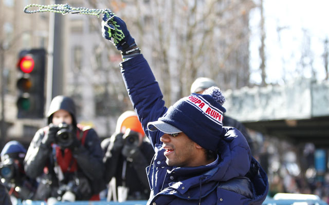 Russell Wilson and the Seahawks celebrated their NFL title Wednesday in Seattle.