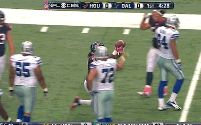 Justin Tuggle had his celebration rejected by Travis Frederick.