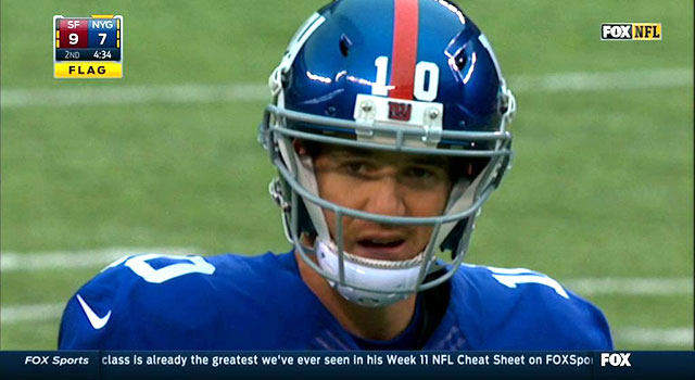 Eli Manning throws one of the worst interceptions you'll ever see