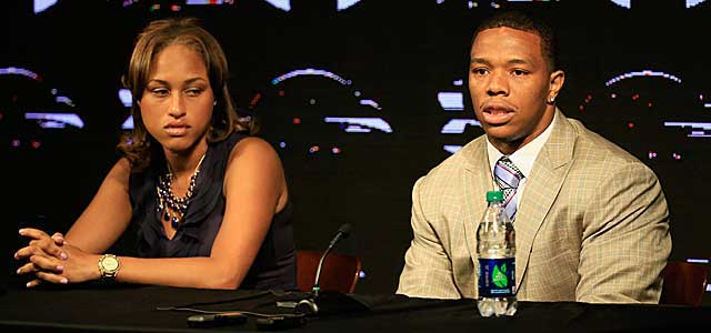 Ray Rice and his now-wife Janay Parker at a news conference about the assault in May.