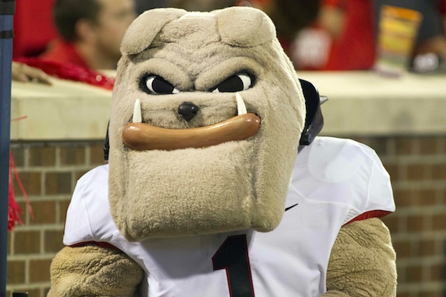 Only a mascot head can hide the pain Bulldog fans feel