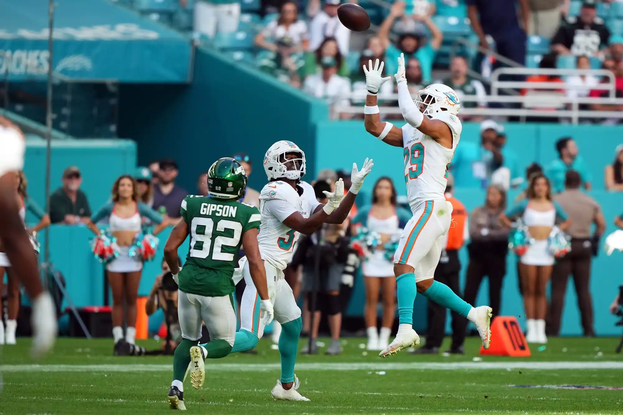 Miami Dolphins safety Brandon Jones (29) intercepts a pass from New York Jets quarterback Trevor Siemian (not pictured) during the second half at Hard Rock Stadium