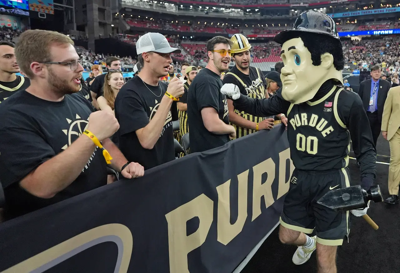 Purdue Pete greets fans before the national championship game of the Final Four of the 2024 NCAA Tournament between the Connecticut Huskies and the Purdue Boilermakers at State Farm Stadium.