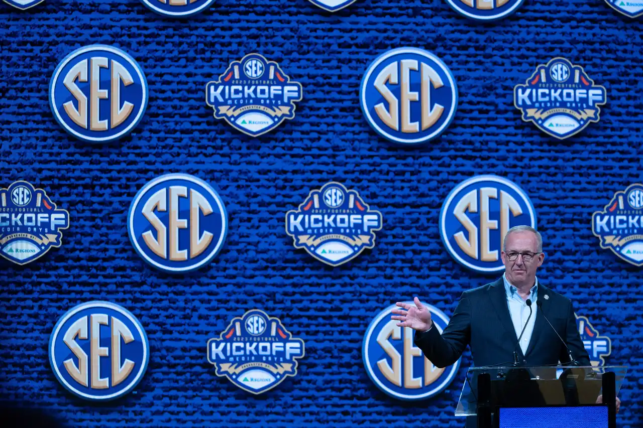 SEC Commissioner Greg Sankey kicks off the 2023 SEC Football Kickoff Media Days at the Nashville Grand Hyatt on Broadway, Monday, July 17, 2023.