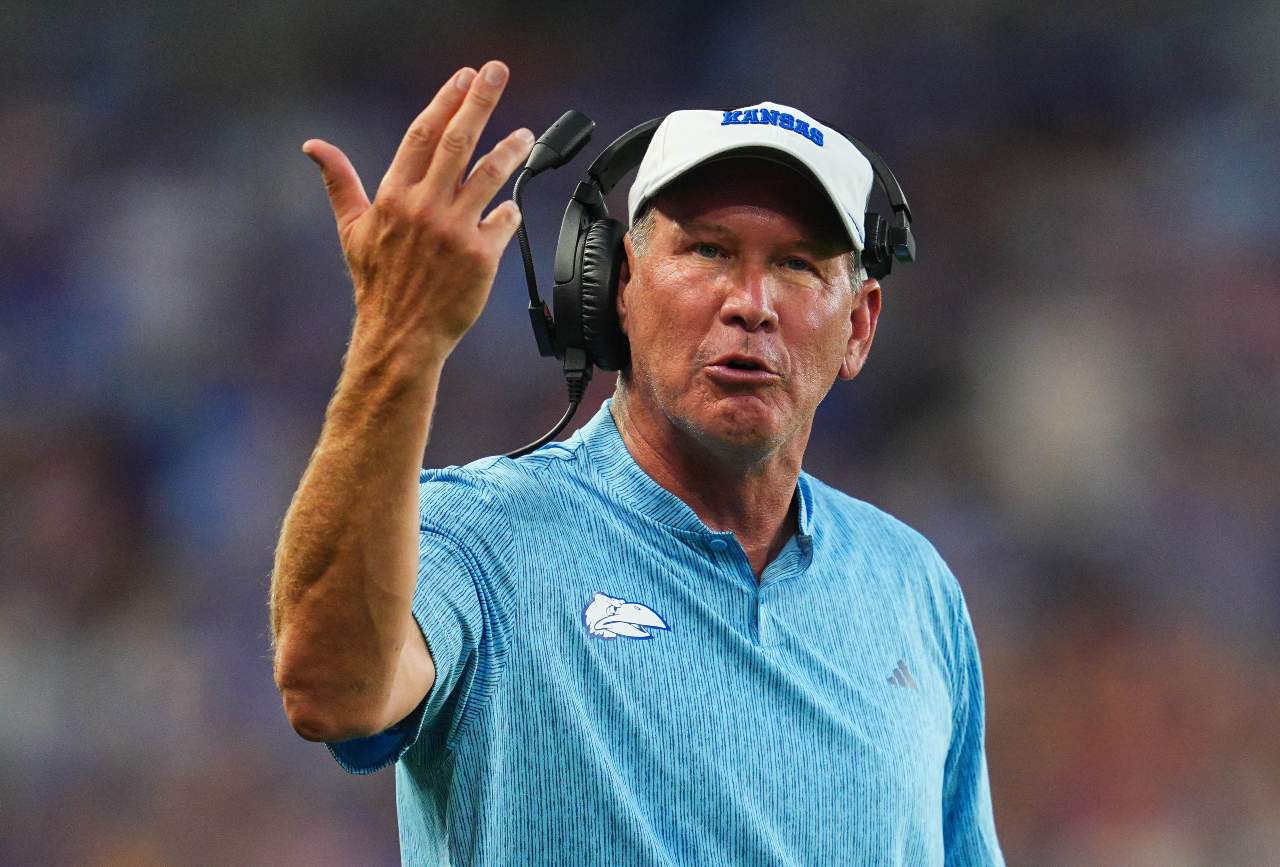 Kansas Jayhawks head coach Lance Leipold reacts during the first half against the Lindenwood Lions at Children's Mercy Park.