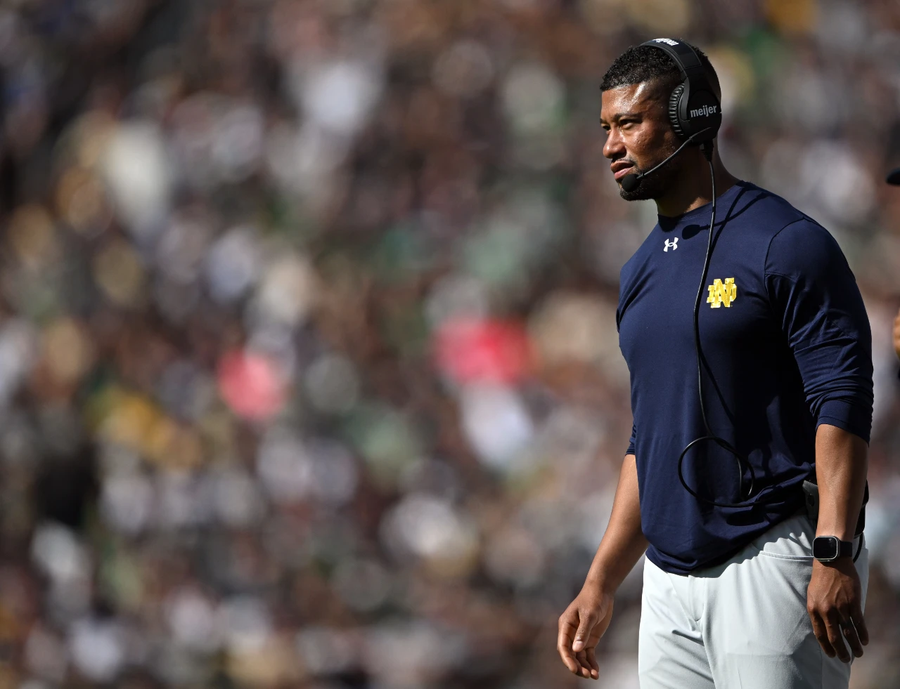 Notre Dame Fighting Irish head coach Marcus Freeman stands on the sidelines during the first quarter against the Purdue Boilermakers at Ross-Ade Stadium.