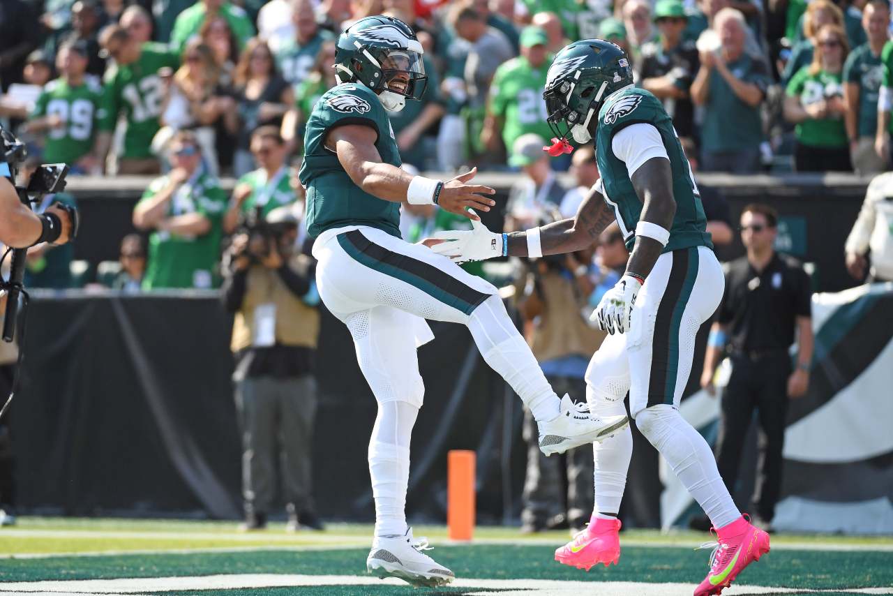 Philadelphia Eagles quarterback Jalen Hurts (1) and wide receiver A.J. Brown (11) celebrate touchdown against the Cleveland Browns during the second quarter at Lincoln Financial Field.