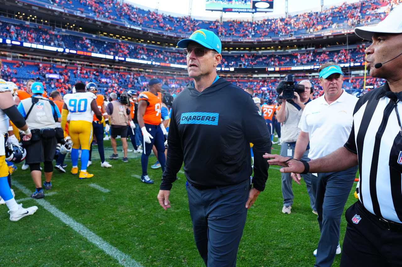 Los Angeles Chargers head coach Jim Harbaugh following the win over the Denver Broncos at Empower Field at Mile High.